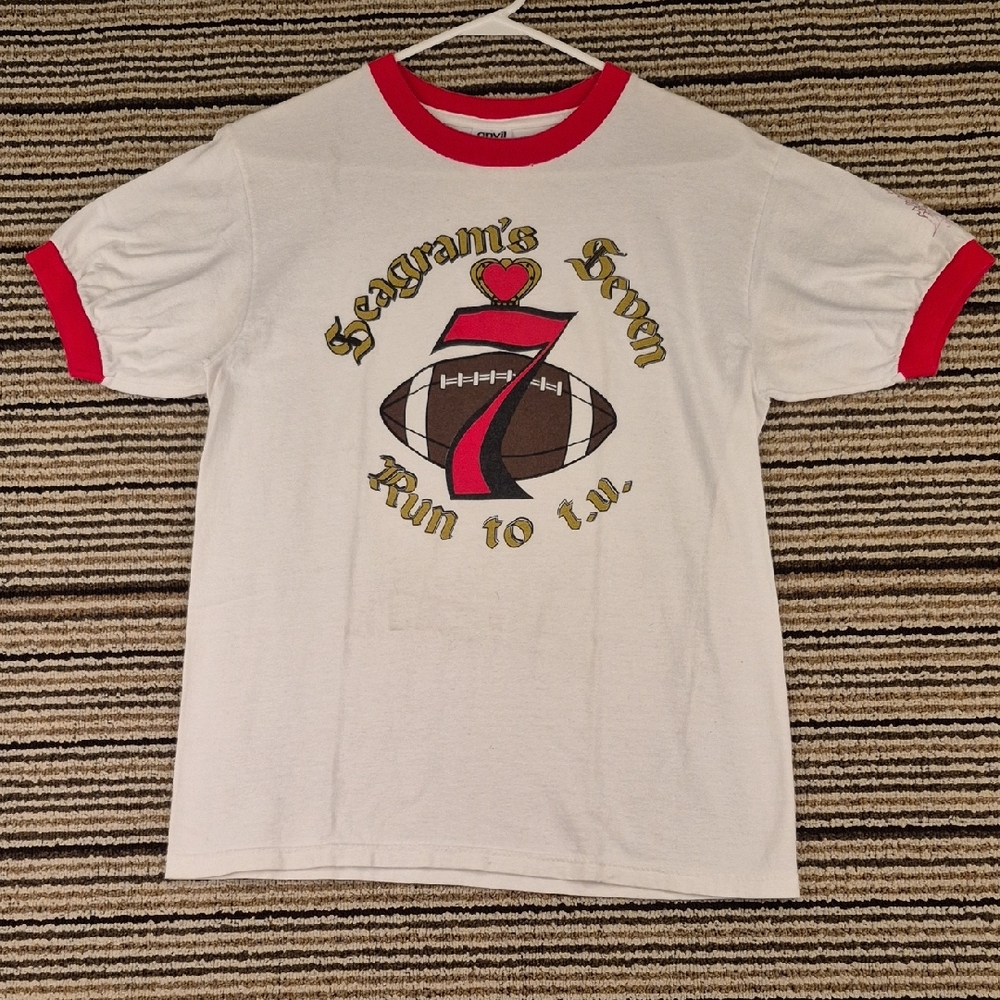 SEAGRAMS 7 Football Cotton White Red Anvil Mens Medium Ringer T Shirt VTG Y2K
